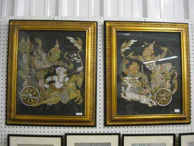 Appraisal: Pair of Thailand Paintings on Silk goddess chariot decor ''