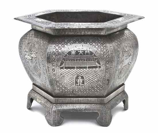 Appraisal: A Korean Silver-Inlaid Iron Brazier Choson Period the hexagonal vessel