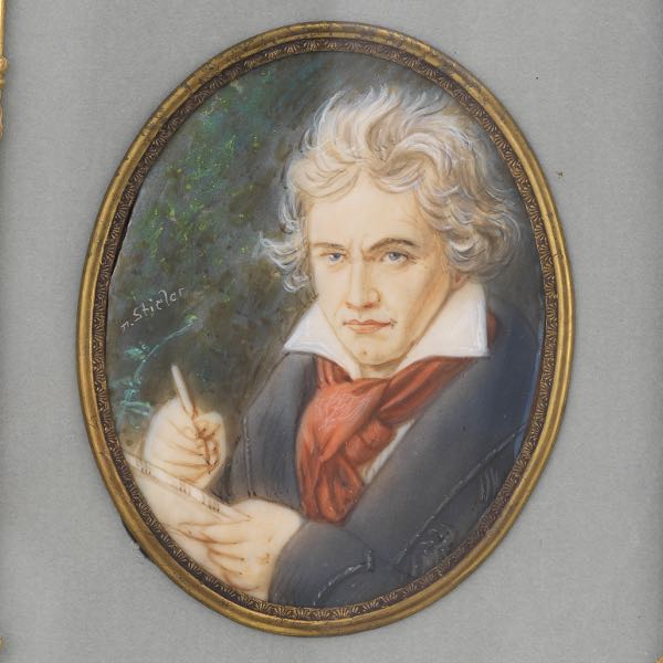 Appraisal: PORTRAIT MINIATURE OF LUDWIG VAN BEETHOVEN x Hand-painted portrait of