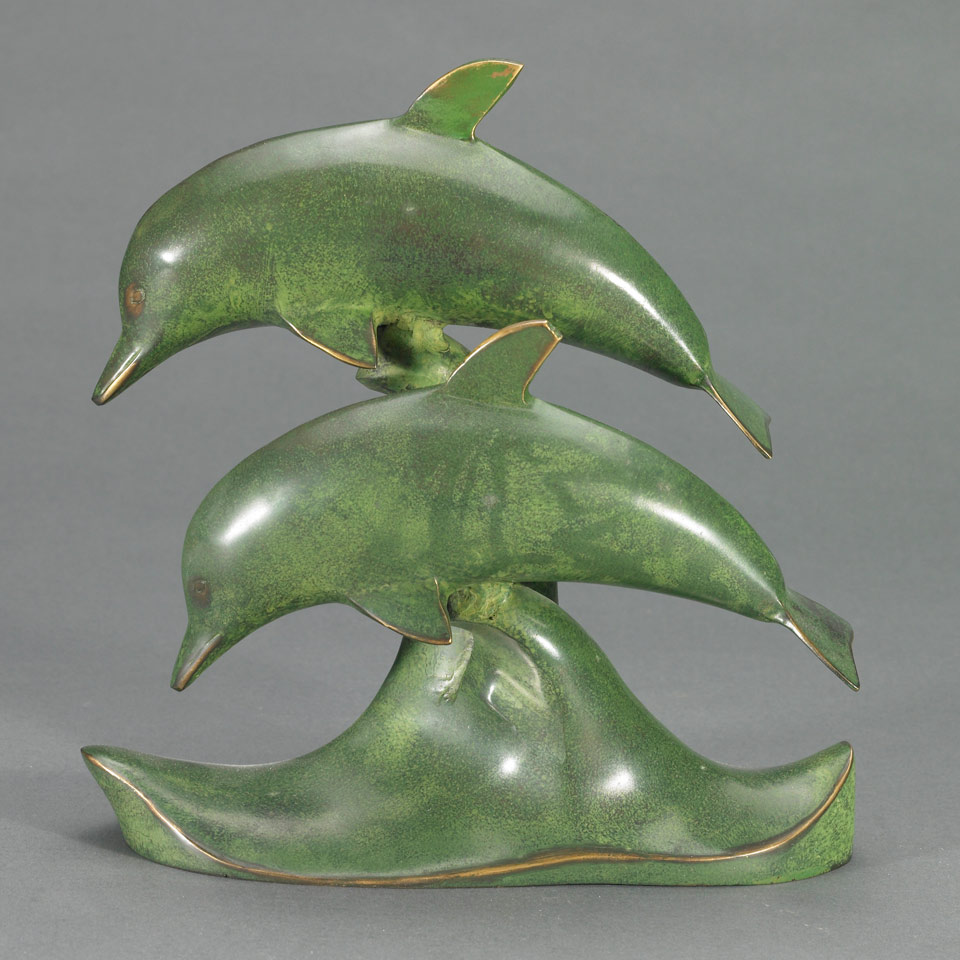 Appraisal: Arte Modern Patinated Bronze Group of Two Dolphins Over Cresting