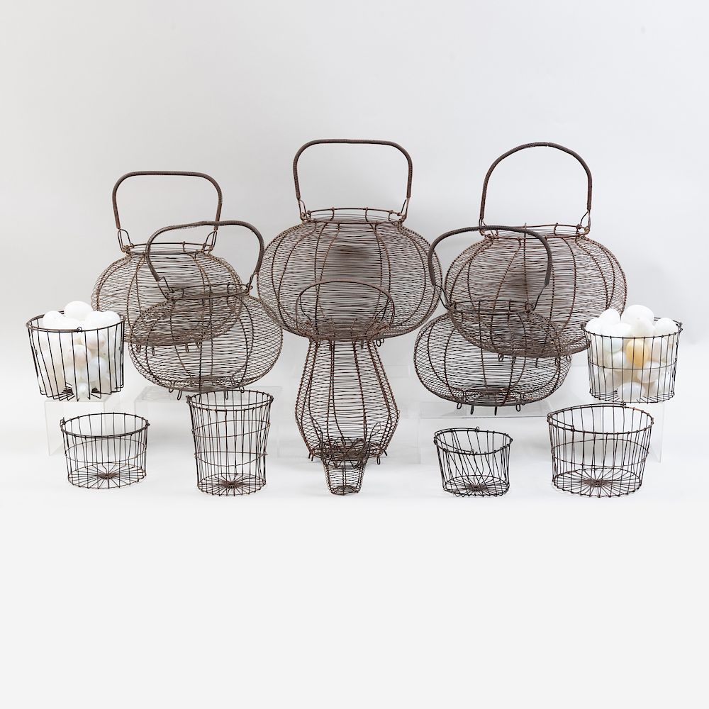 Appraisal: Seven Wirework Onion Baskets Six Wirework Pails and a Group