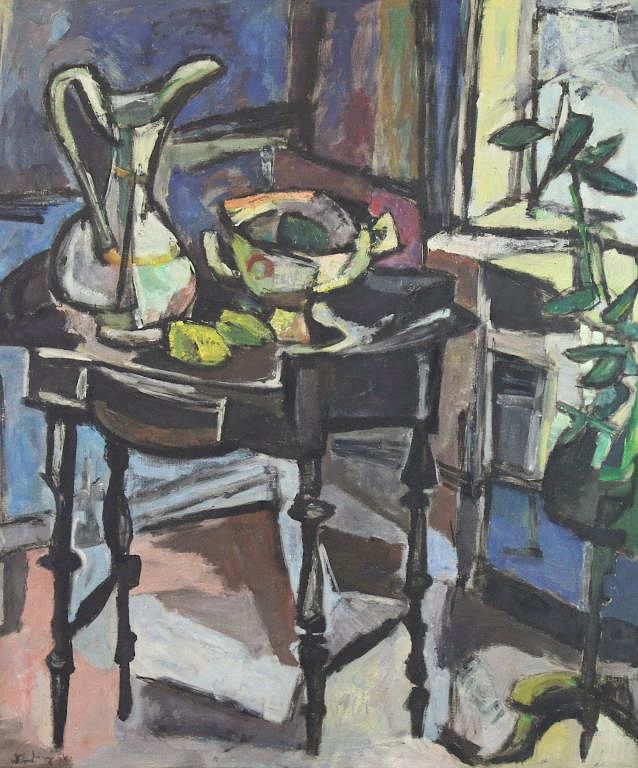 Appraisal: Unknown Modernist Oil on Canvas Interior Still Life Indistinctly signed