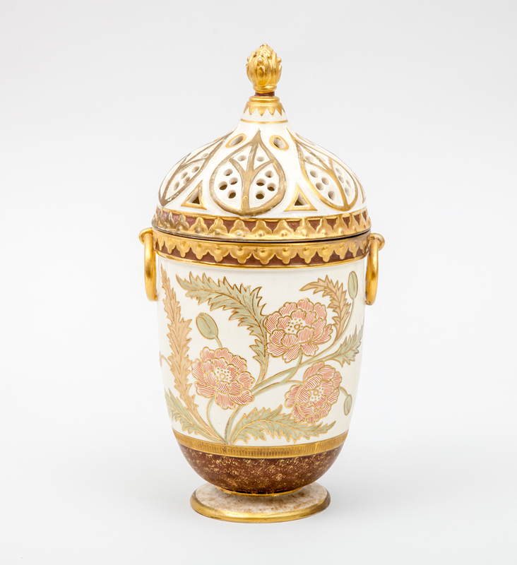 Appraisal: FAIENCE MANUFACTURING COMPANY GREENPOINT NY JAR WITH RETICULATED COVER Gilt-decorated