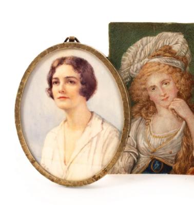 Appraisal: Two portrait miniatures of women one wearing a turban the