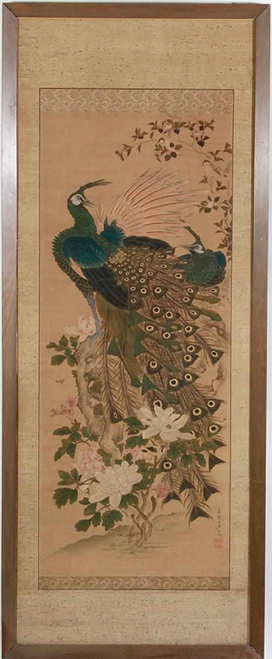 Appraisal: Oriental painted panel th century extensive peacock in peony tree