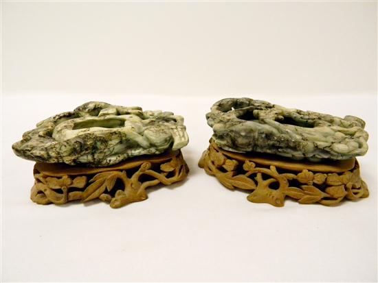 Appraisal: Pair Asian soapstone brush washers with carved wooden leaf and