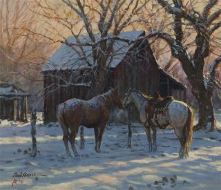 Appraisal: Martin Grelle ''One Frosty Morn'' two horses tied to a