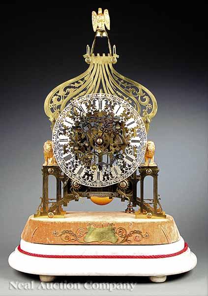 Appraisal: A Fine English Brass and Marble Presentation Skeleton Clock c