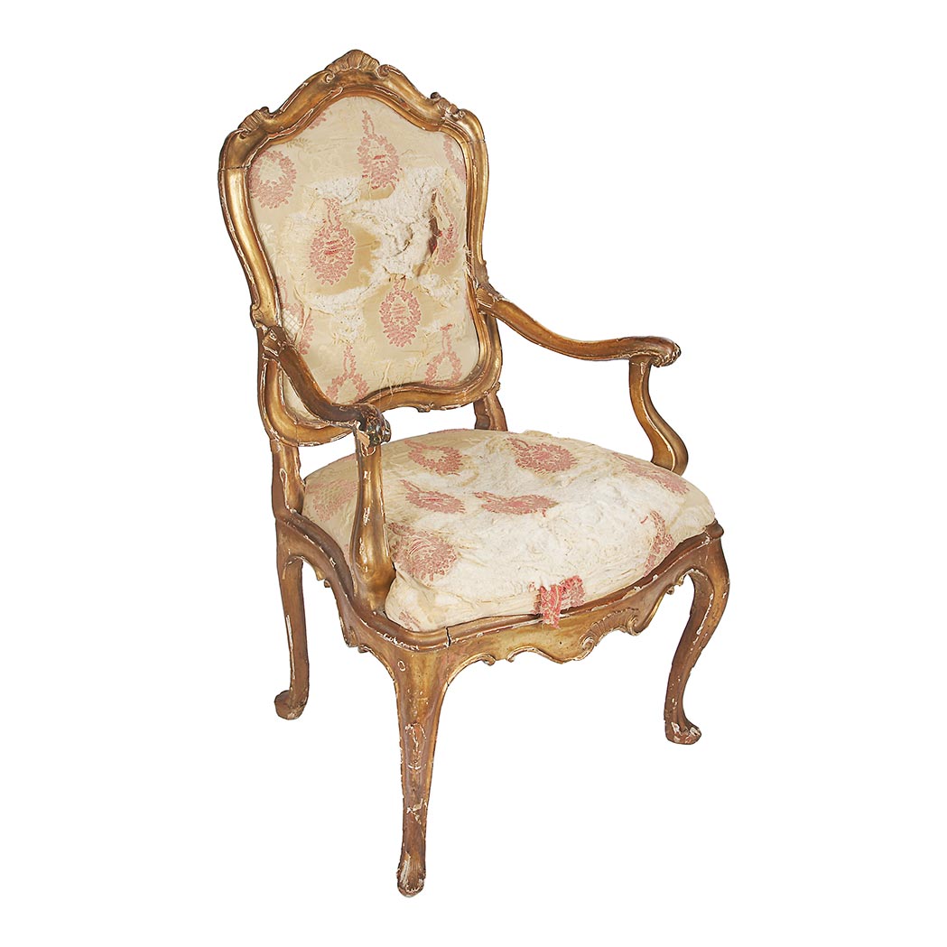 Appraisal: Italian Rococo Gilt-Wood Armchair Sicilian mid th century The cartouche-shaped