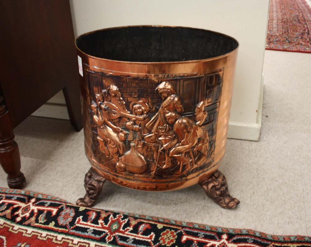 Appraisal: ROUND COPPER REPOUSSE BOILER KINDLING BUCKET Standing on three later