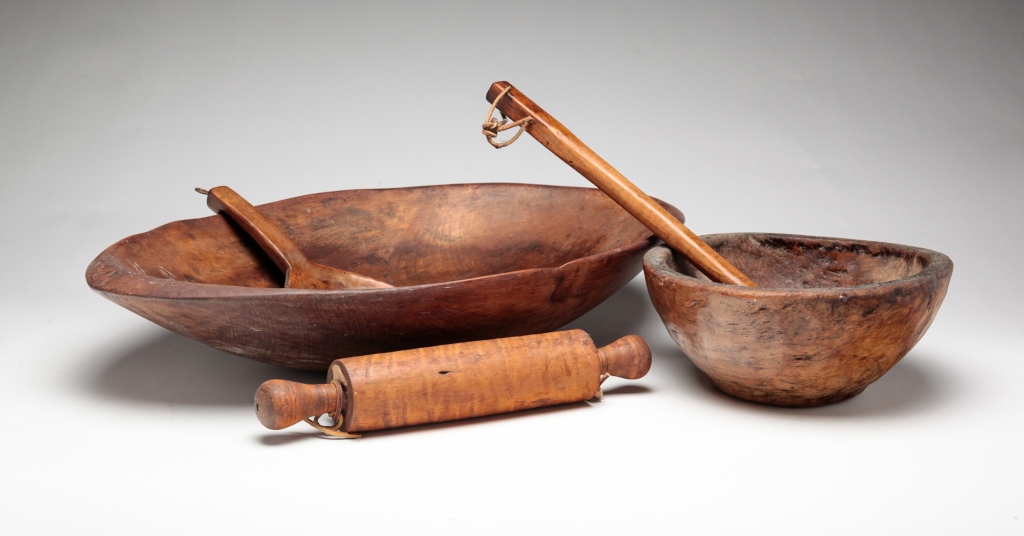 Appraisal: FIVE PIECES OF AMERICAN KITCHEN WOODENWARE Nineteenth century Oval trencher