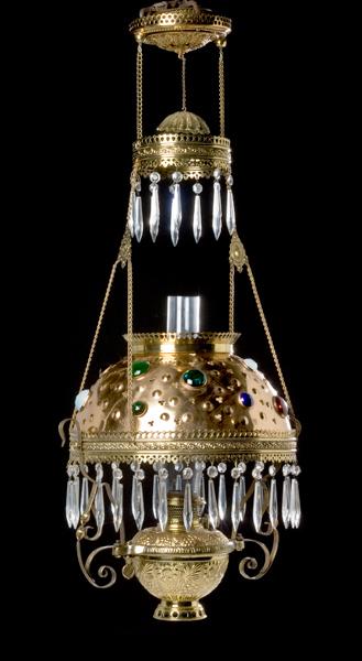 Appraisal: HANGING LIBRARY LAMP WITH JEWELED SHADE ca - kerosene period