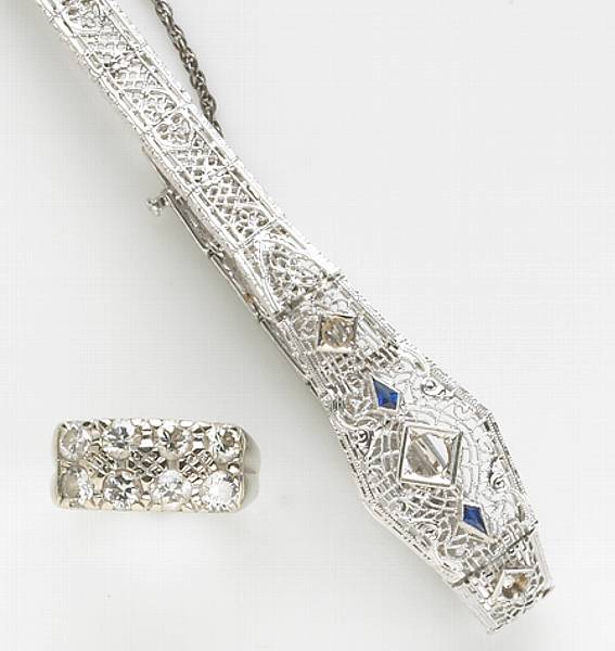 Appraisal: A sapphire and k white gold filigree bracelet together with