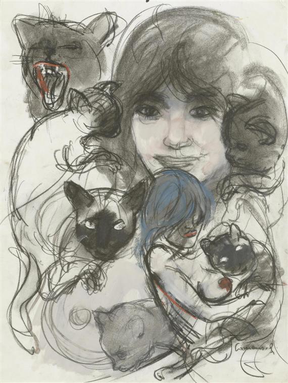 Appraisal: COMENSOLI MARIO Lugano - Zurich Maria with cats Circa Charcoal