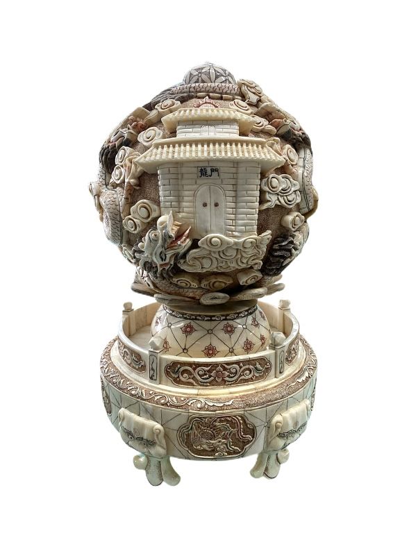 Appraisal: Chinese Carved Bone Sphere With Stand Chinese Carved Bone Sphere