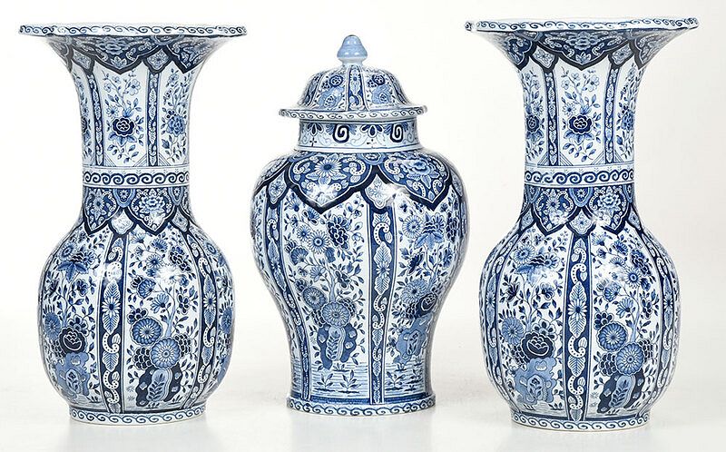 Appraisal: Three Piece Blue and White Delft Style Garniture Continental th