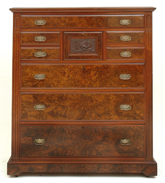 Appraisal: AN EDWARDIAN BURR WALNUT CHEST OF DRAWERS The central hat