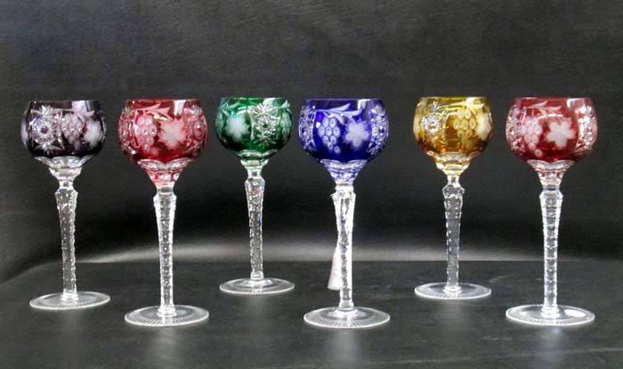 Appraisal: SIX CUT CRYSTAL HARLEQUIN WINE GOBLETS flashed and engraved variety