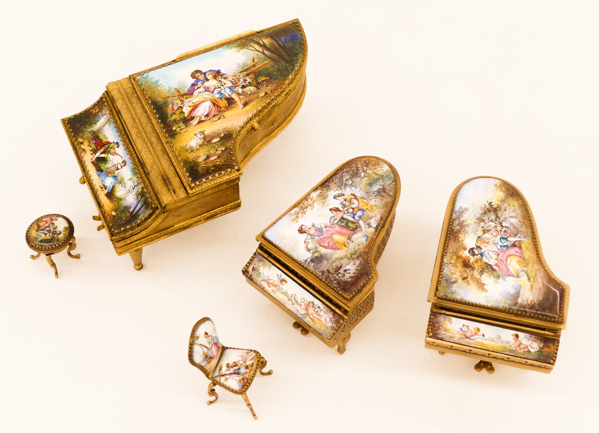 Appraisal: pc European Enameled Miniature Piano Music Boxes Includes a duo