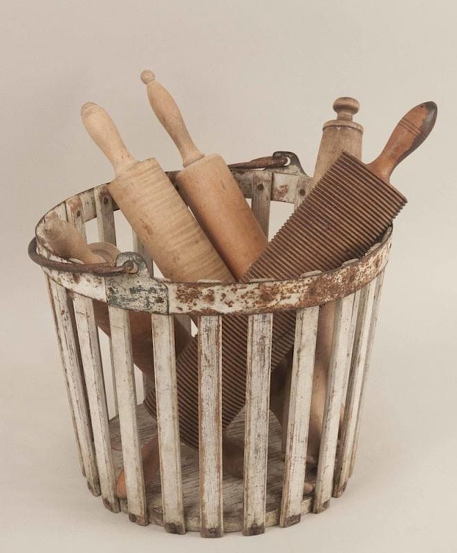 Appraisal: Rolling Pins Basket Wood basket with five wooden rolling pins