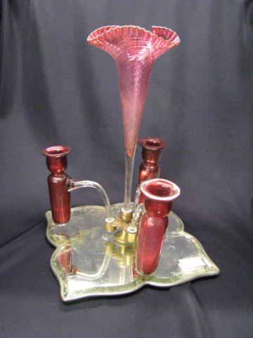 Appraisal: Victorian Cranberry Art Glass Epergne mirrored base four port with