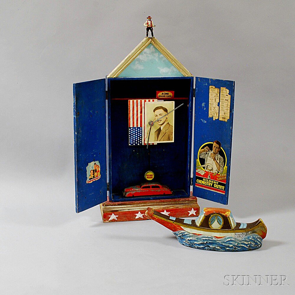 Appraisal: Viarengo Boat-form Polychrome Bottle and a Patriotic Clock Shrine th