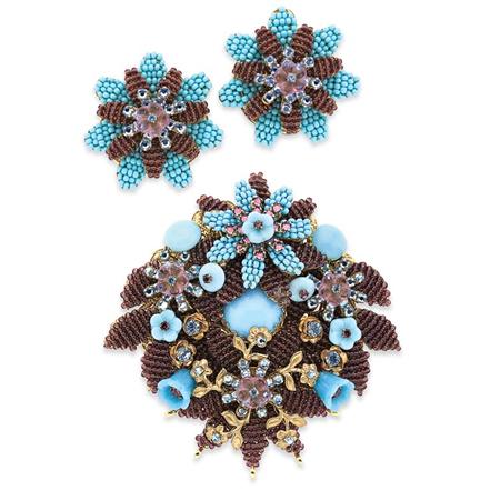 Appraisal: Costume Simulated Turquoise and Glass Bead Flower Brooch and Pair