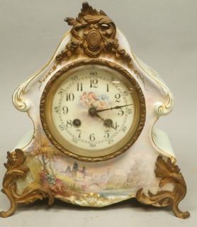 Appraisal: French Porcelain Hand Painted Mantle Clock Ornat French Porcelain Hand