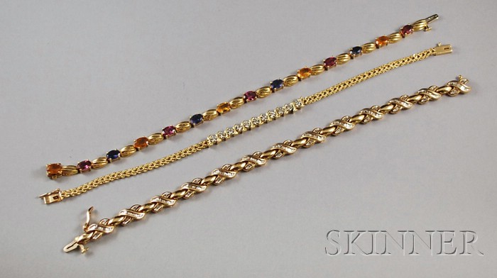 Appraisal: Three kt Gold Gem-set Bracelets two with diamonds and one