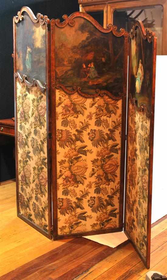 Appraisal: A French painted leather and needlework three fold screen Late