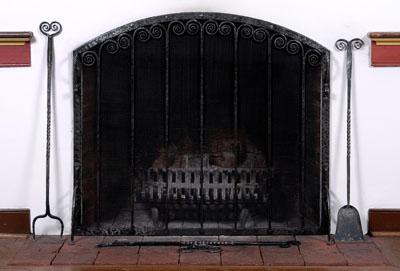 Appraisal: Wrought iron fire screen and tools finely wrought screen with