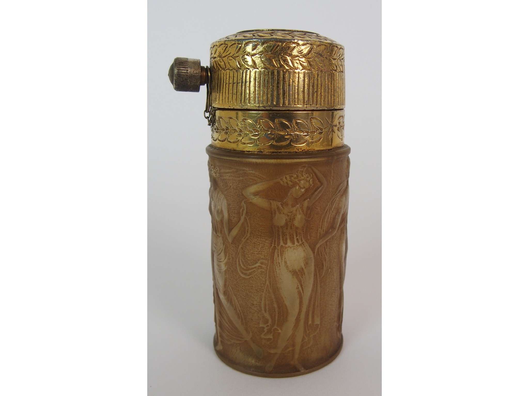 Appraisal: A Lalique sirenes amber perfume atomizerthey cylindrical amber stained perfume