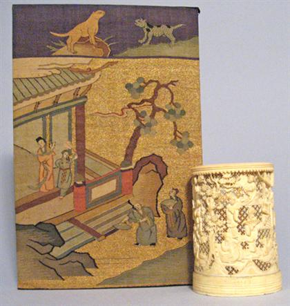 Appraisal: Fine Chinese Canton export elephant ivory brush pot and kesi