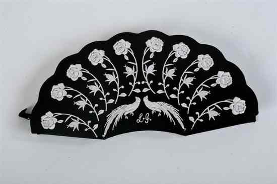 Appraisal: LULU GUINNESS EMBROIDERED BLACK SATIN FAN BAG White embroidery featuring