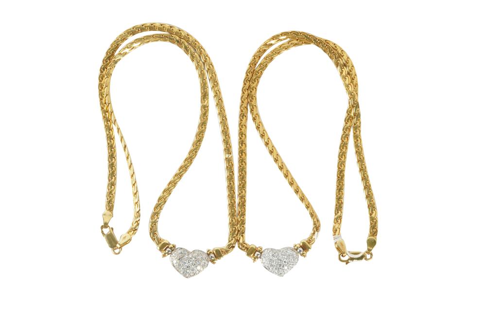 Appraisal: TWO KARAT YELLOW GOLD DIAMOND HEART NECKLACESthe two necklaces containing