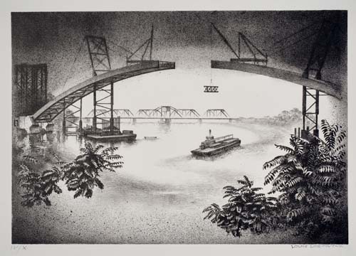 Appraisal: LOUIS LOZOWICK Spanning the Hudson Lithograph printed x mm x