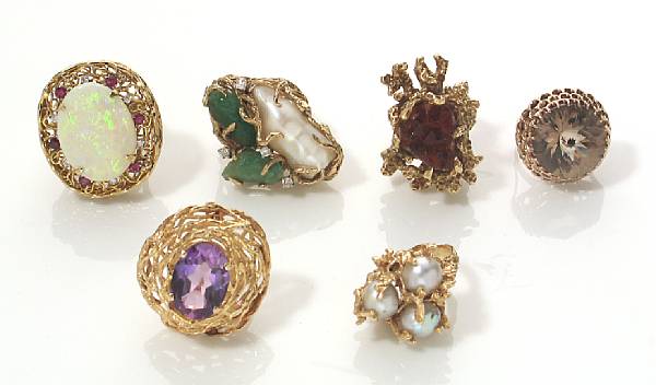 Appraisal: A collection of six gem-set and gold rings gross weight