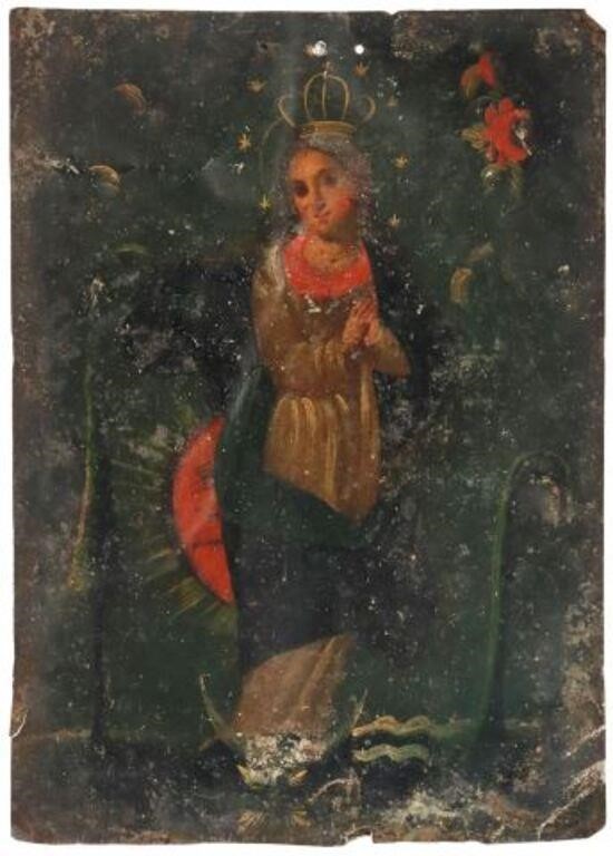 Appraisal: Unframed oil on tin retablo La Inmaculada Concepcion The Immaculate