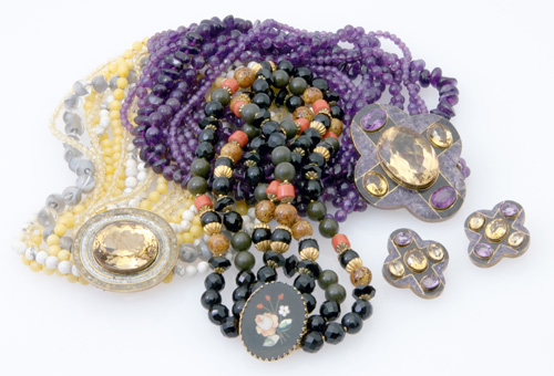 Appraisal: Three contemporary gemstone or hardstone torsade necklaces and a pair