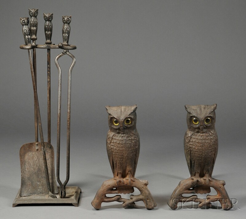 Appraisal: Pair of Cast Iron Owl Andirons with Three Matching Fire