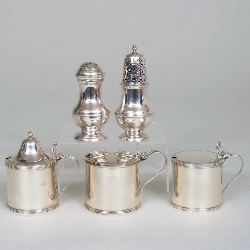 Appraisal: Group of Three English Silver Mustard Pots and a Caster