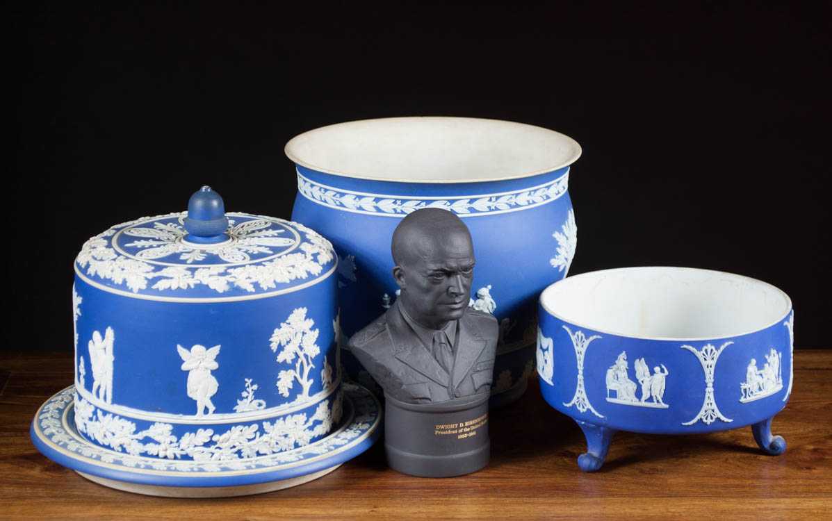 Appraisal: THREE WEDGWOOD JASPERWARE AND A FIGURAL BUST the jasperware having