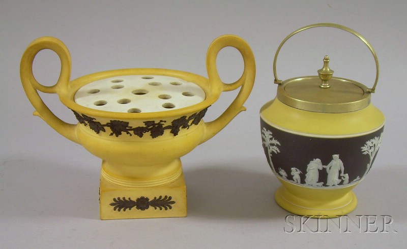 Appraisal: Wedgwood Three-Color Jasper Dip Footed Biscuit Barrel and a Two-Handled