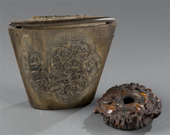 Appraisal: Chinese deer horn censer and ox horn medicine pouch Late