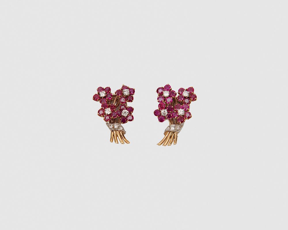 Appraisal: K Gold Ruby and Diamond Earclips K Gold Ruby and