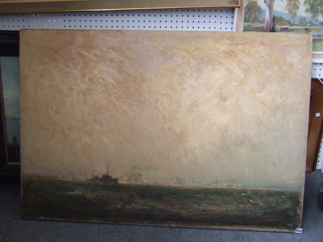 Appraisal: Follower of Norman Wilkinson Shipping scene oil on canvas unframed