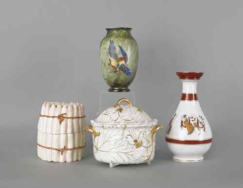 Appraisal: Pottery asparagus form canister together with two vases and a