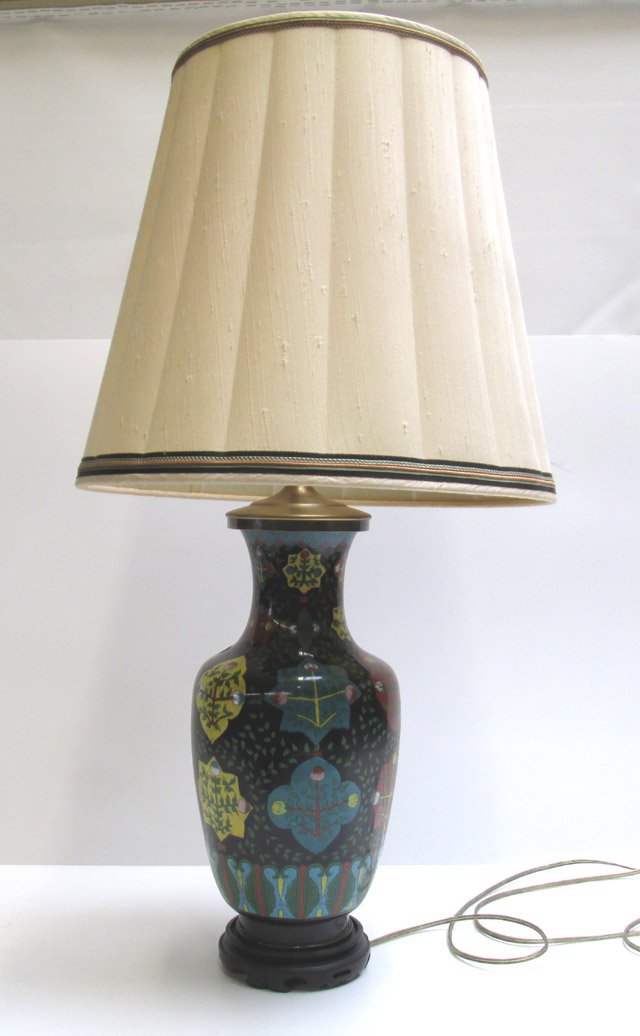 Appraisal: CHINESE CLOISONNE TABLE LAMP having black ground with geometric repeat