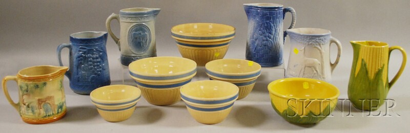 Appraisal: Set of Five Nesting Yellowware Bowls Five Pottery Pitchers a