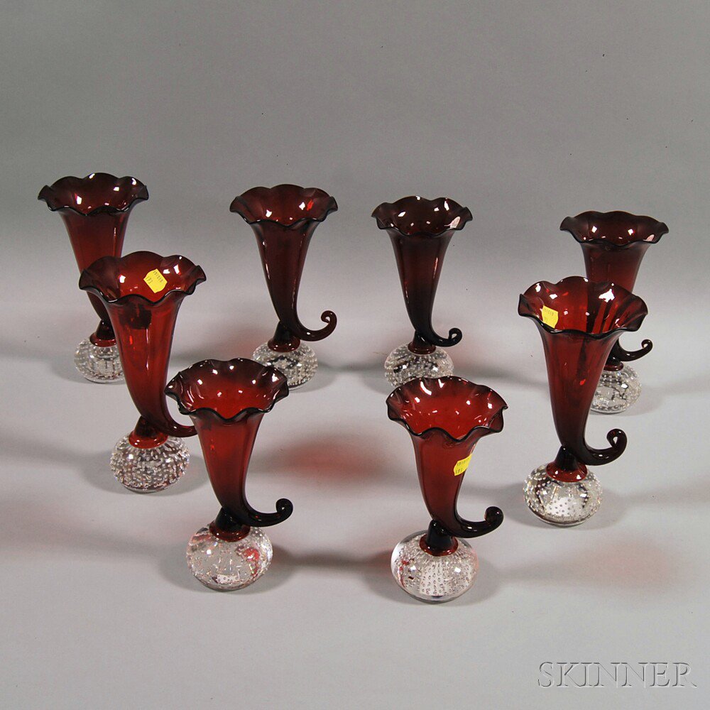 Appraisal: Four Pairs of Ruby Glass Vases th century with floriform